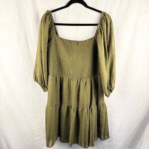 Maison Tara Smocked‎ Olive Green Tiered Fit & Flare Dress 14 Sheer Fairy Grunge